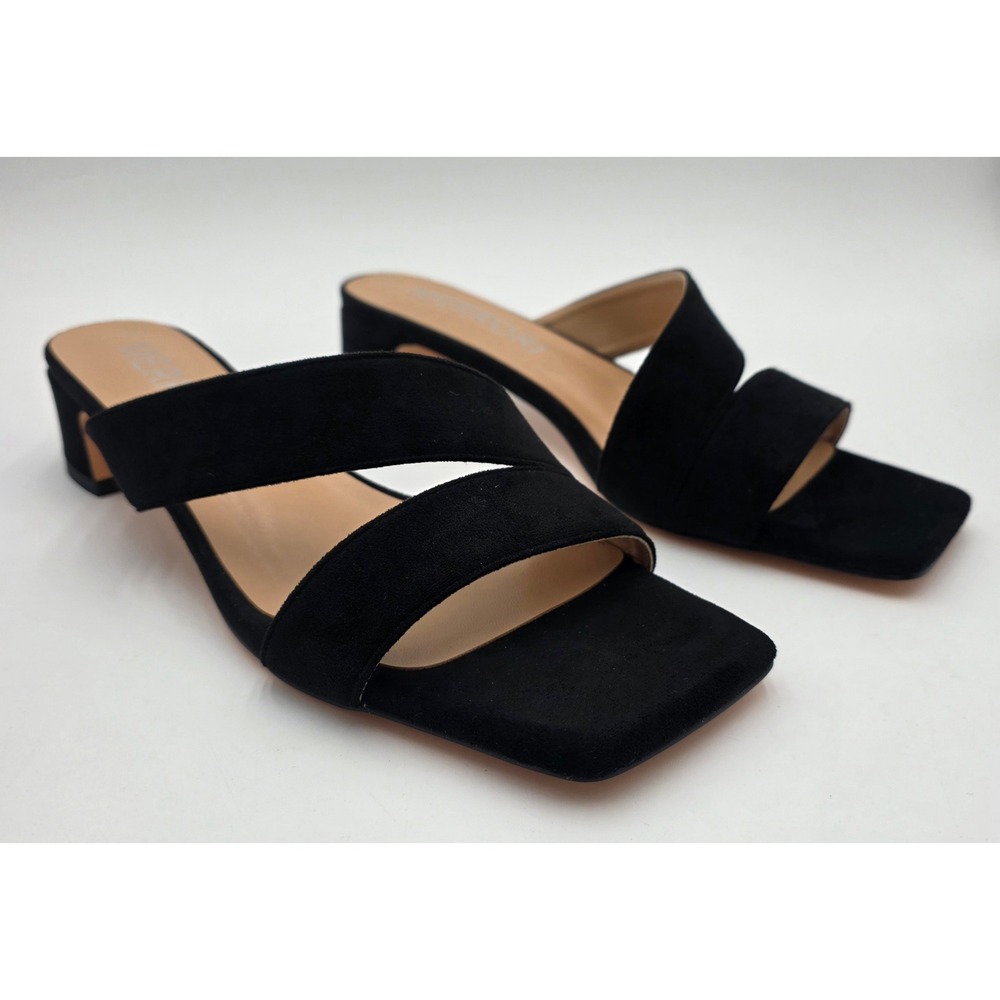 Merrori Black Suede Square Toe Low Block Heel Slide Sandals Women's Size 12
